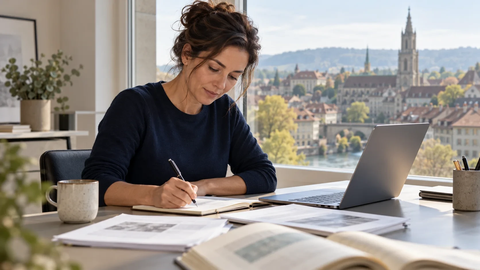 Abschlussarbeit an der PHW Bern planen: Berufstätige Frau recherchiert und macht Notizen am Schreibtisch